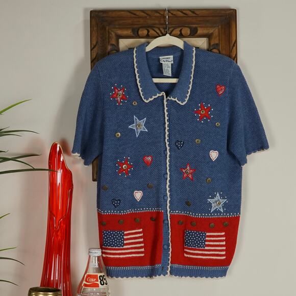 Vintage Koret patriotic short sleeve cardigan sweater S boxy - Picture 1 of 4